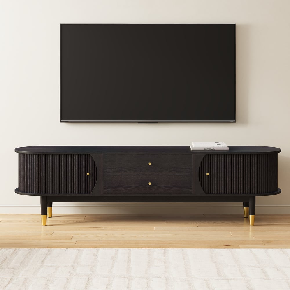 80" Ash Wood Fluted Black TV Stand with Storage window image