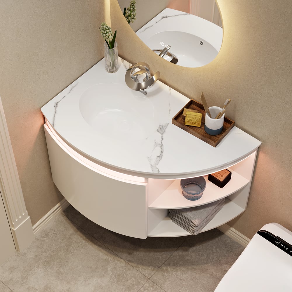 Meuble de salle de bain d'angle de 36 pouces avec rangement et éclairage LED à capteur image de fenêtre