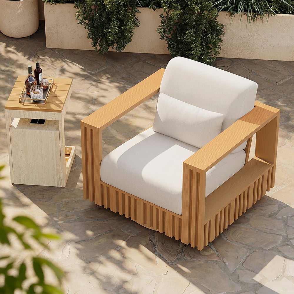 Modern Outdoor Sculptural Fluted 360-Degree Swivel Accent Chair in Natural window image