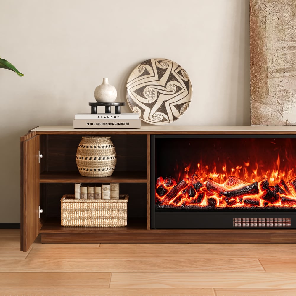 Aura 84" Sintered Stone Top Electric Fireplace TV Stand window image