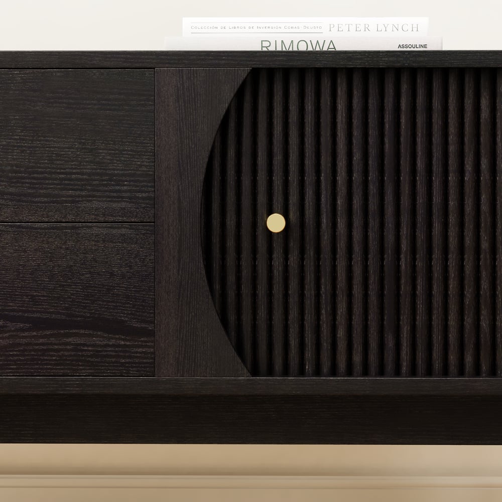 80" Ash Wood Fluted Black TV Stand with Storage window image