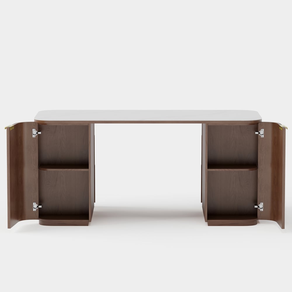 Bureau rectangulaire en noyer, frêne et pierre frittée avec 6 tiroirs (1620mm) image de fenêtre