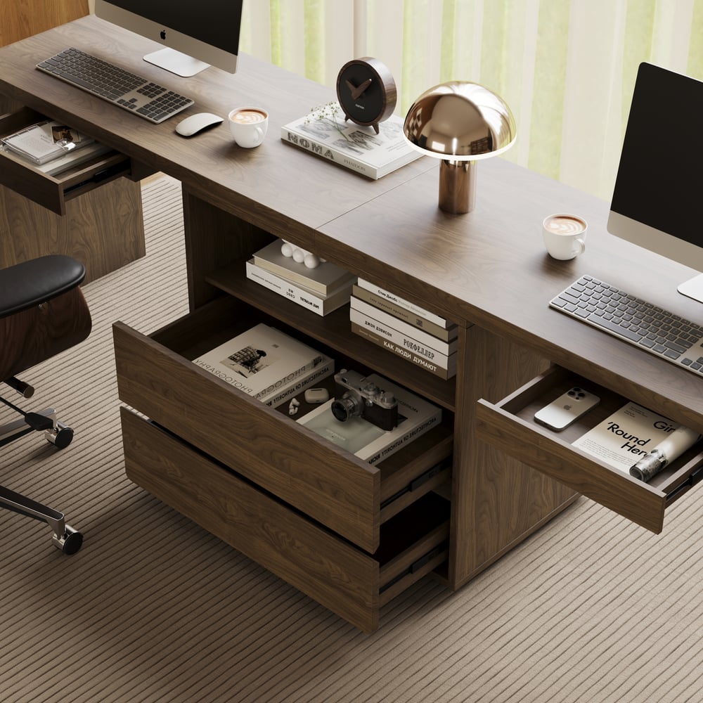 Modern 94" Rectangular Smoked Brown Double Desk with Drawers, Seats 2 window image