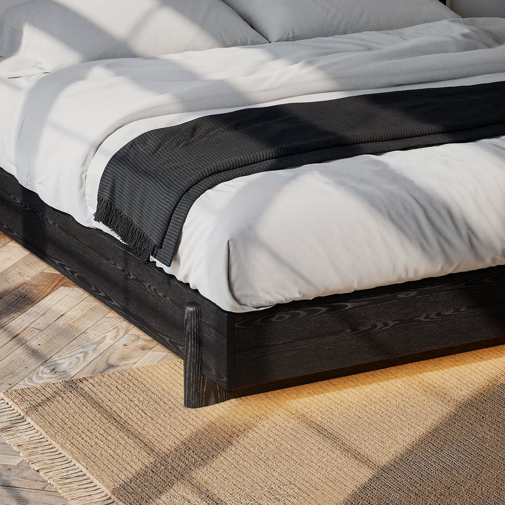 King Solid Wood Bed with Leather Extended Headboard & Floating Smart Nightstand Set window image