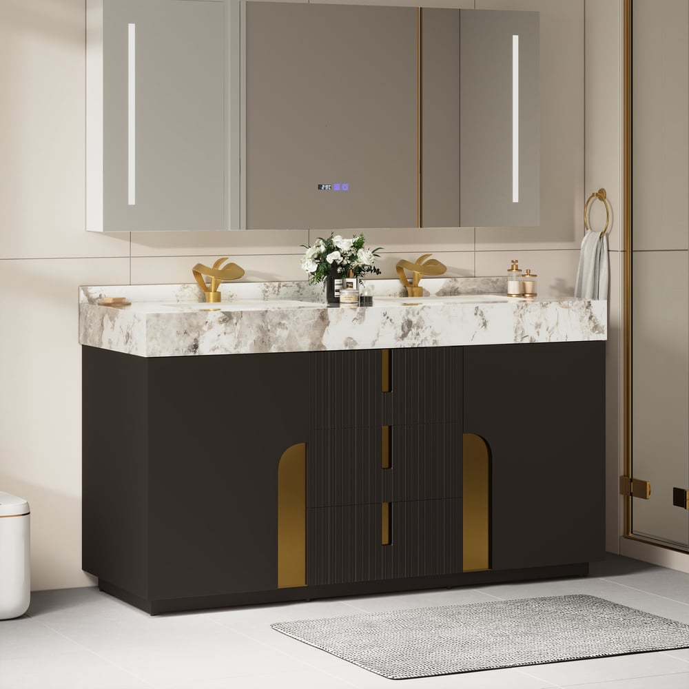 Mueble de baño Artis de 60" con doble lavabo y encimera de piedra sinterizada, 3 cajones Imagen de ventana