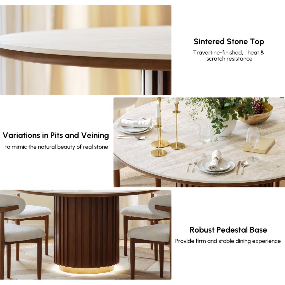 Aura 47" Faux Travertine Round Dining Table with Sintered Stone Top, Seats 4 window image