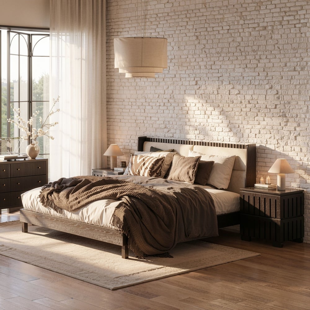 Cama moderna de madeira maciça com almofadas de cabeceira Boucle, 180 x 200 cm Imagem da janela