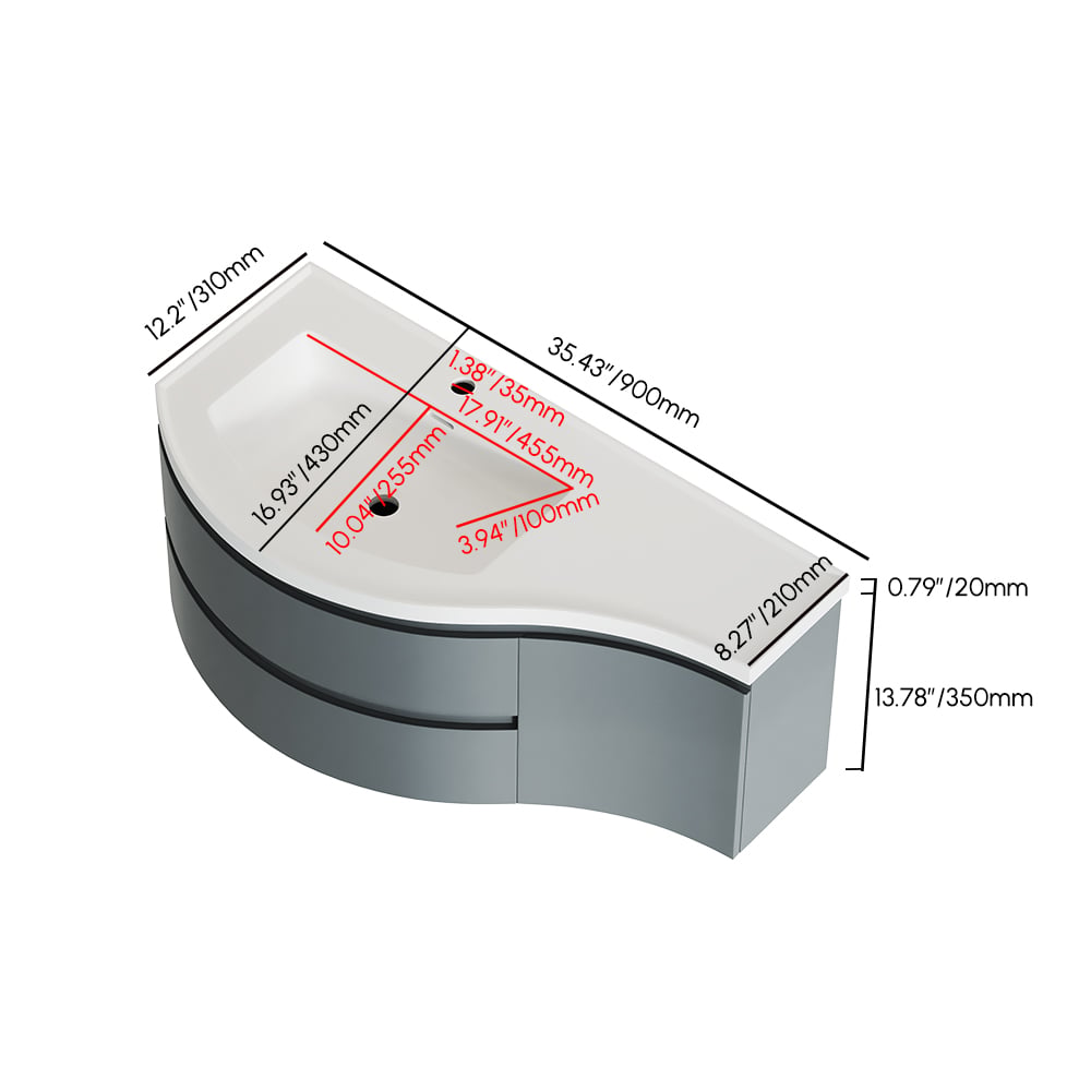 Floating Curved Bathroom Vanity & Round LED Medicine Cabinet Set Left Offset weights dimensions image