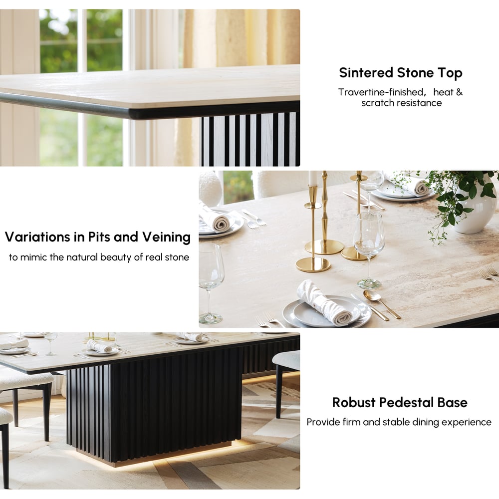 Aura 84" Rectangular Black Faux Travertine Sintered Stone Dining Table, Fluted Base, Seats 8 window image