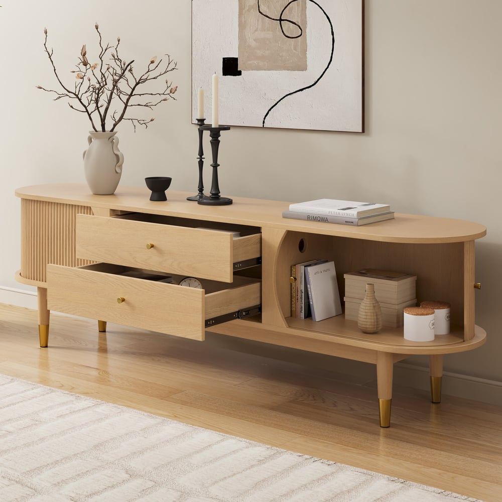 72" Ash Wood Fluted TV Stand with Storage window image