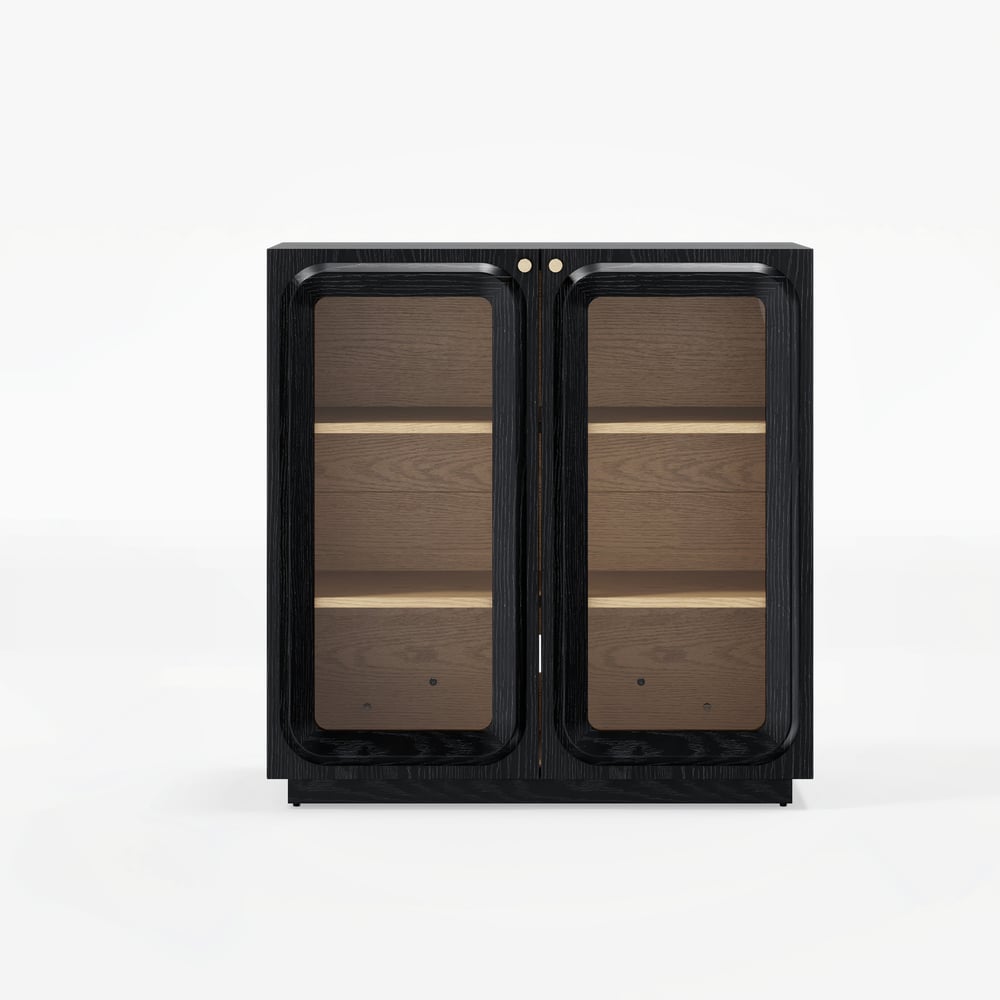 31" Ash Wood Veneer TV Stand with Glass Doors, Chest Cabinet and LED window image