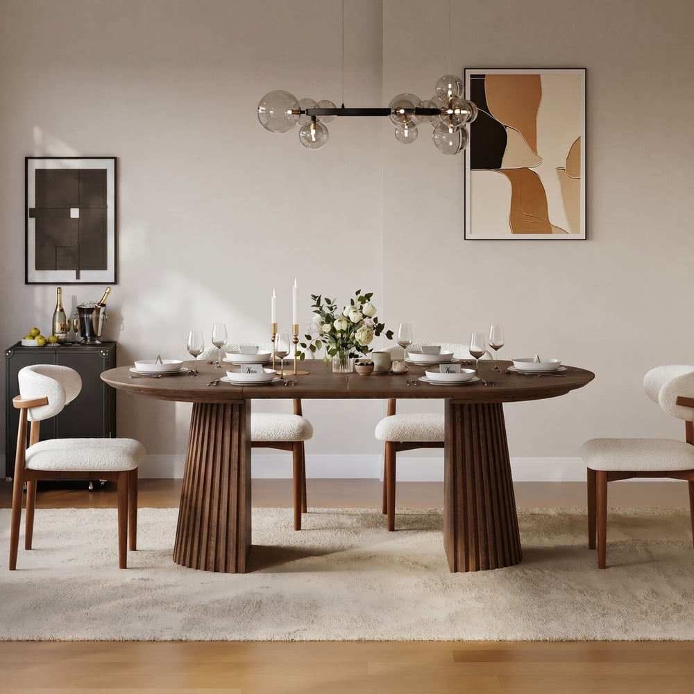 Modern 47"-79" Extendable Walnut Wood Dining Table with Fluted Base, Seats 4-6 window image