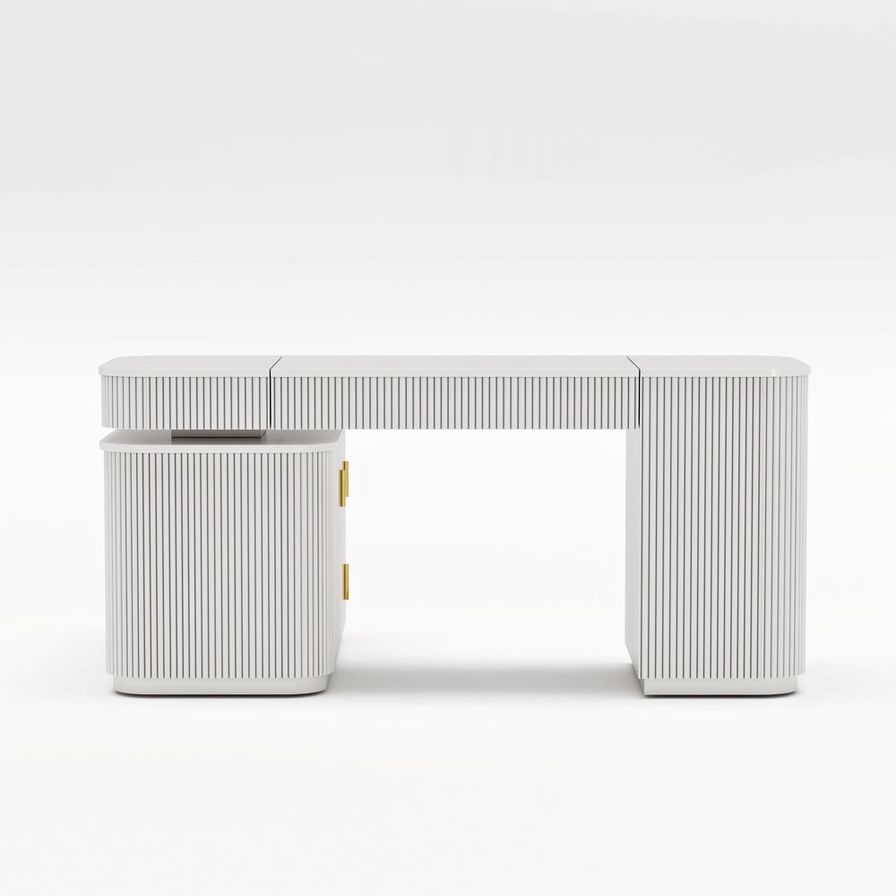 Velign 65" L-Shape White Executive Desk with Right-Side Cabinet window image