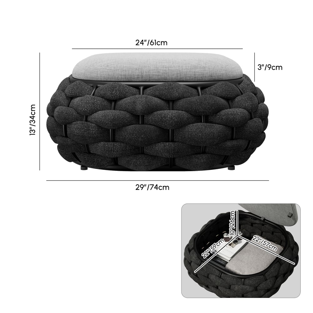 Cocaro Outdoor Hand-Woven Rope Footrest Storage Ottoman in Dark Grey weights dimensions image