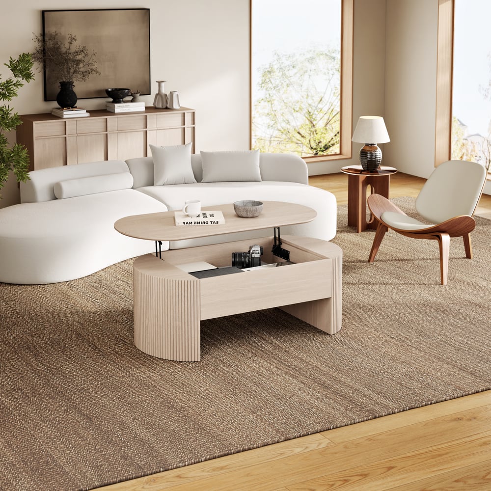 Mesa de Centro Retrátil Oval de 47" Mid-Century Modern Imagem da janela