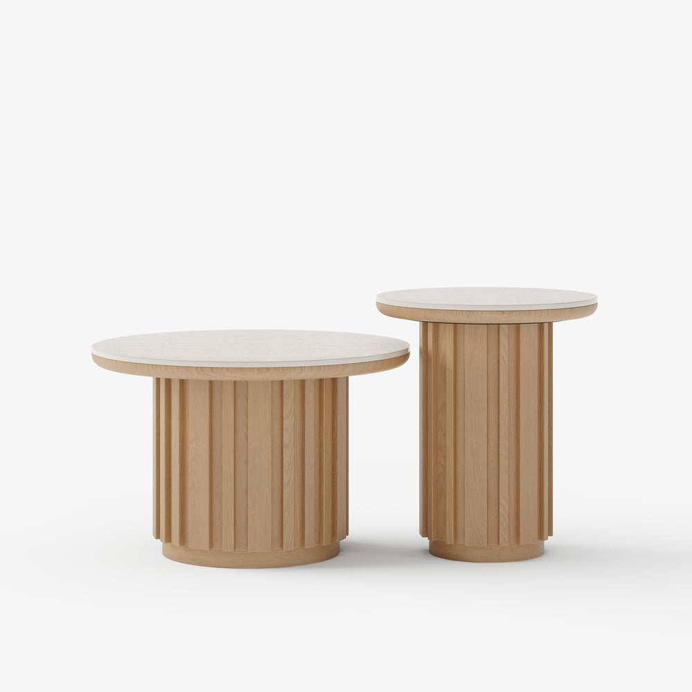 Aura 2 Piece Set Ash Wood Slatted  Round Coffee Table with Sintered Stone Top(20" - 28") window image