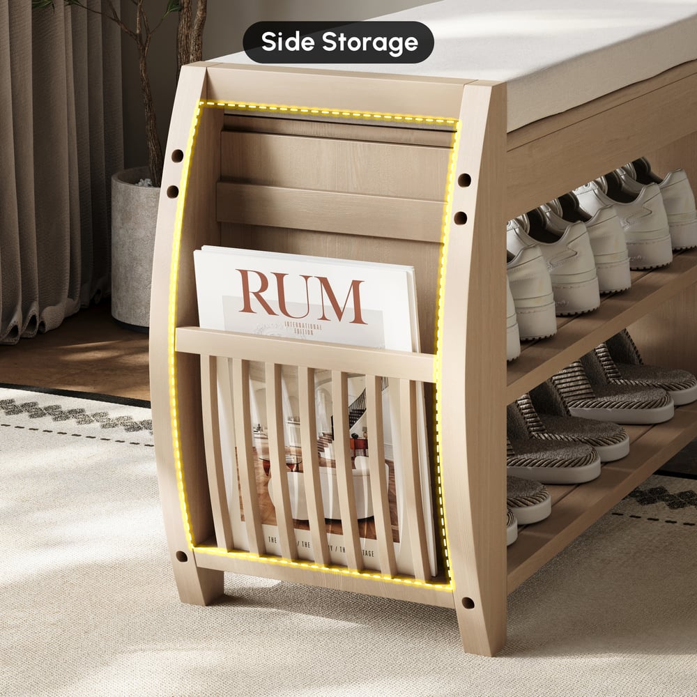 Banc d'entrée de rangement pour chaussures en placage de bois blanchi de 32 pouces avec porte-chaussures image de fenêtre