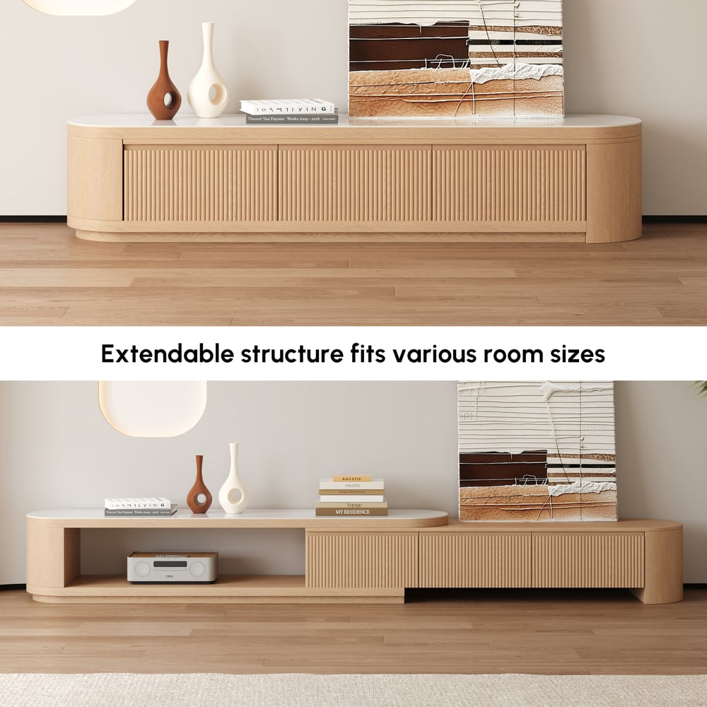Velar 71"-114" Extendable Fluted TV Stand with Sintered Stone Top & 3 Drawers window image