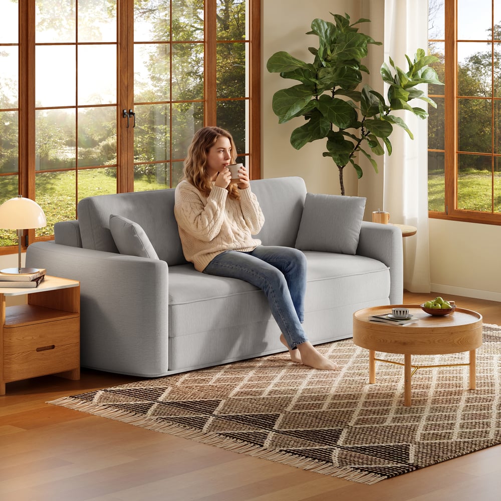 80" Queen 3-Seater Chenille Fold-Down Sleeper Sofa with Removable Cover window image