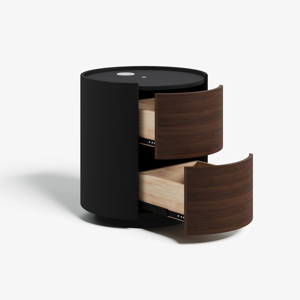 Modern Black Saddle Leather 2-Drawer Nightstand with Charging Station & Light window image