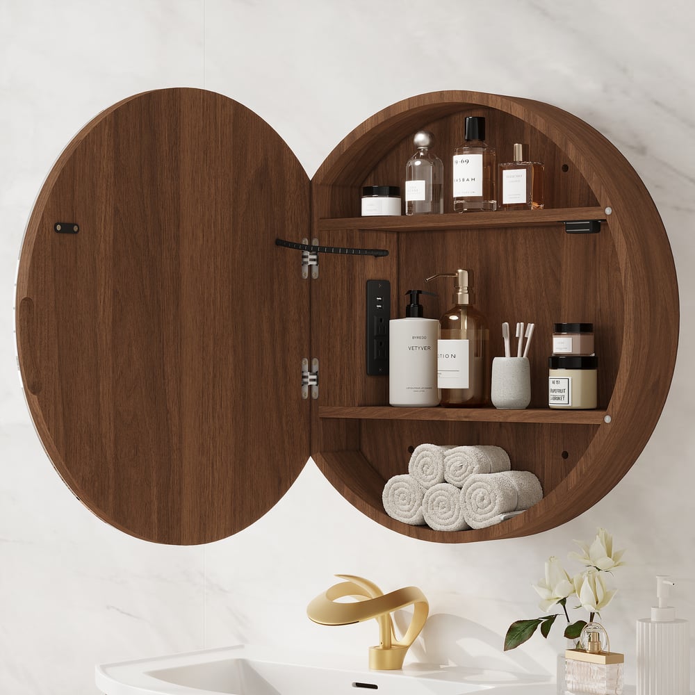 24" Round LED Walnut Medicine Cabinet with Storage, Anti-Fog, Dimmable window image