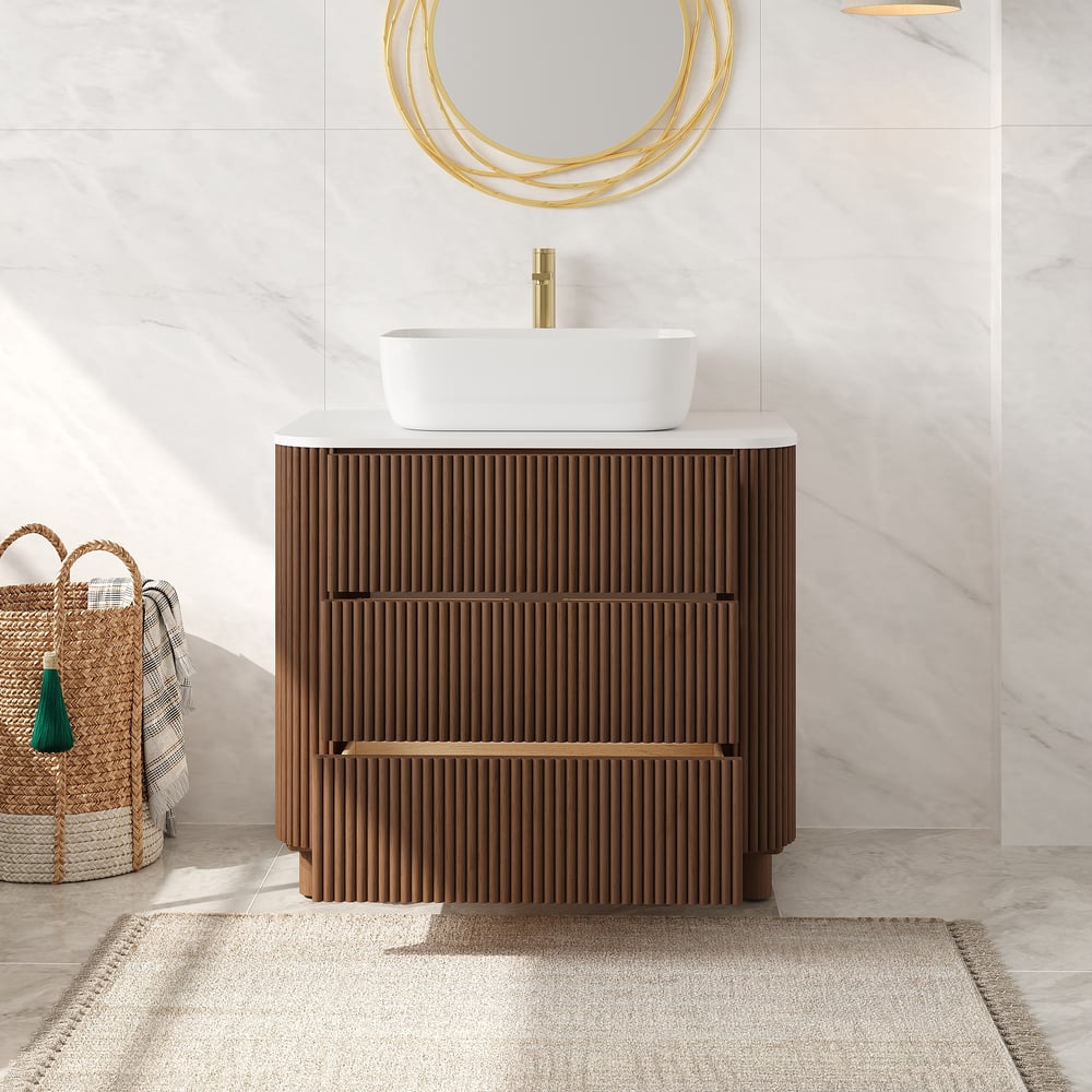 80cm Fluted Freestanding Bathroom Vanity with Vessel Sink, 3-Drawers, Sintered Stone top window image