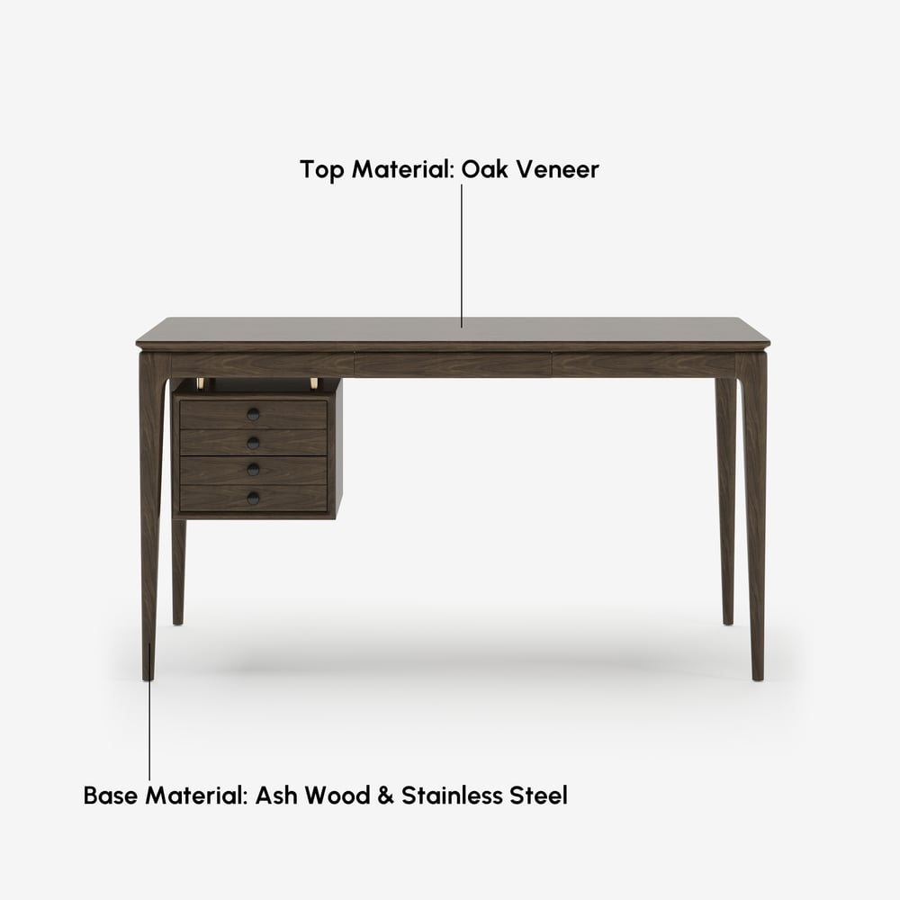 Tanic bureau 140 cm van essenhout, rookbruin, met 3 laden Vensterafbeelding
