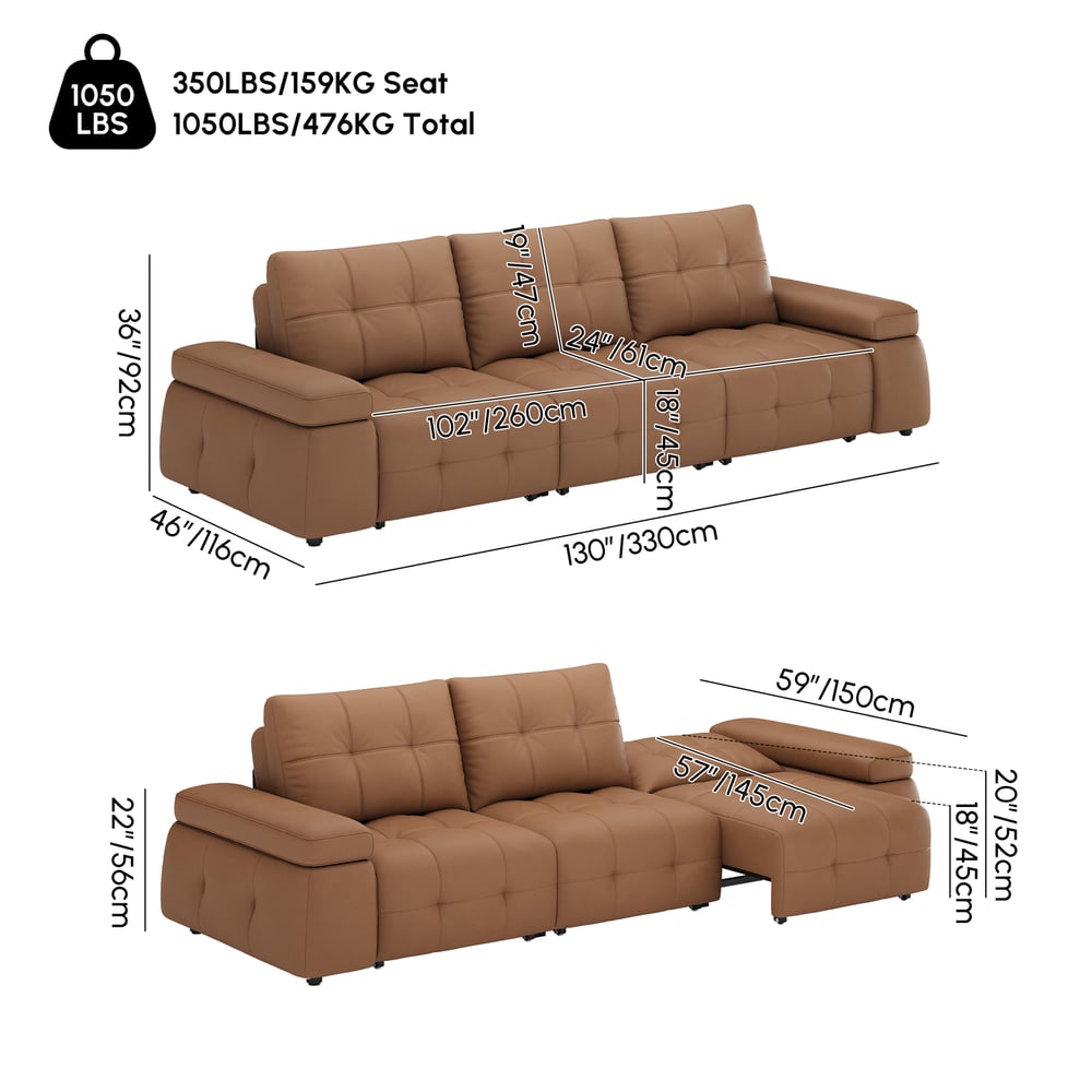 130" 3-Seater Genuine Leather Power Convertible Sleeper Sofa with adjustable armrests weights dimensions image