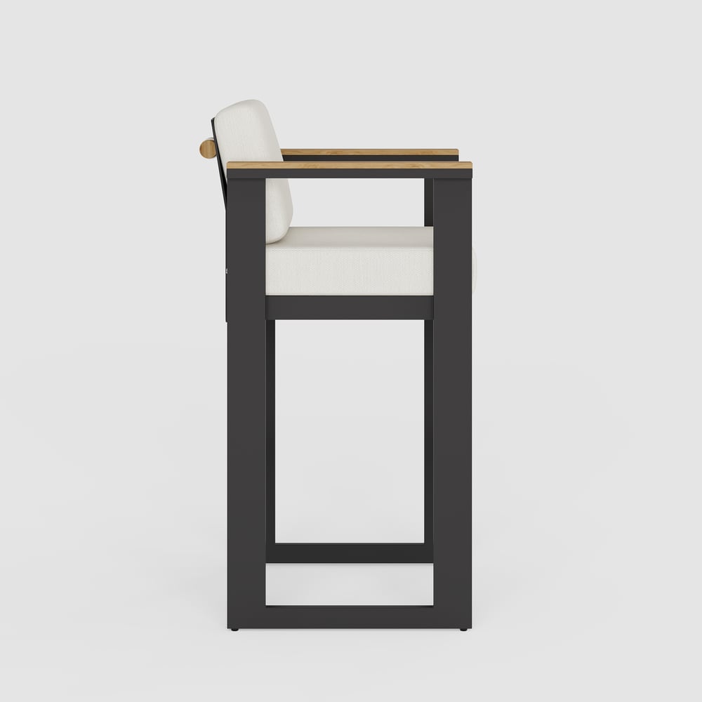 Tevara Outdoor Aluminum Frame & Teak Wood Armrest Bar Stools in Warm White, Set of 2 window image