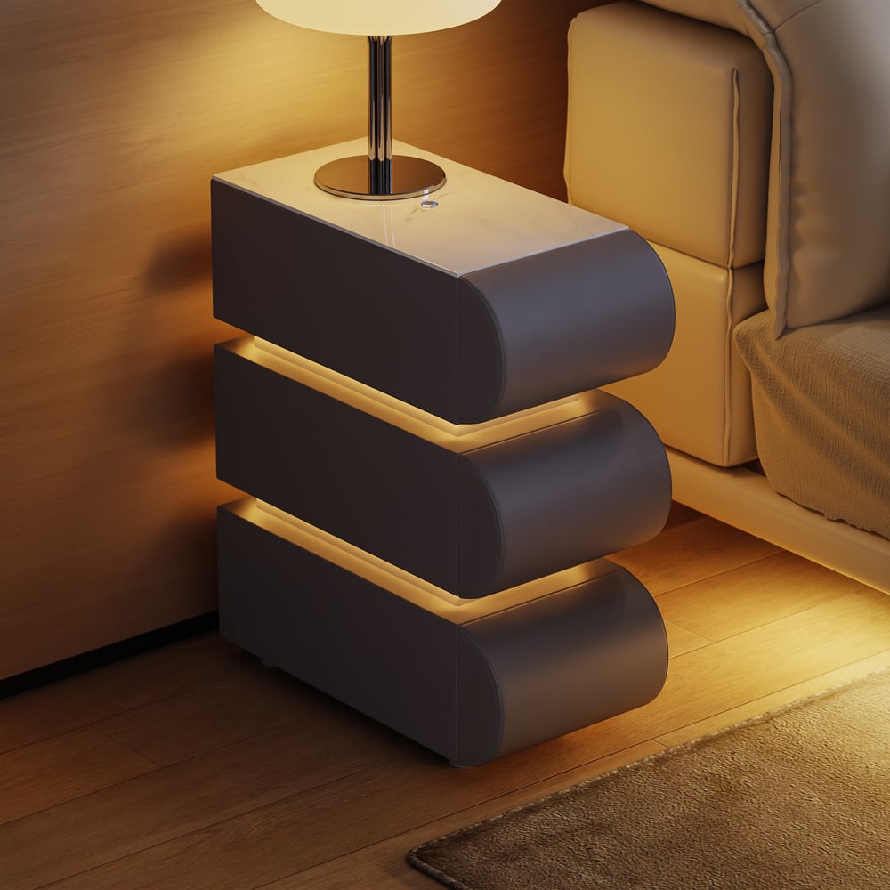 Narrow Humply Leather 3-Drawer Smart Nightstand with Sintered Stone Top window image