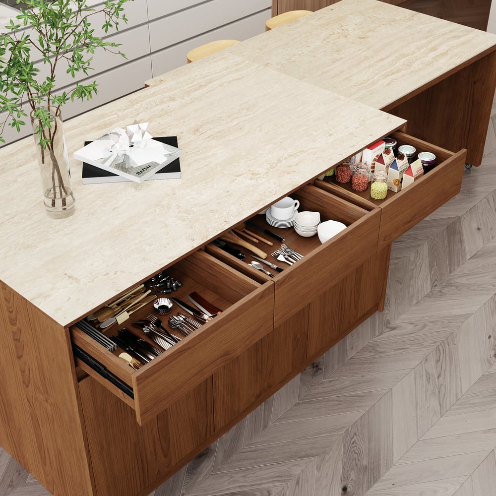 Îlot central de cuisine moderne extensible 205-284 cm avec plateau en pierre frittée mate finition noyer et rangement image de fenêtre