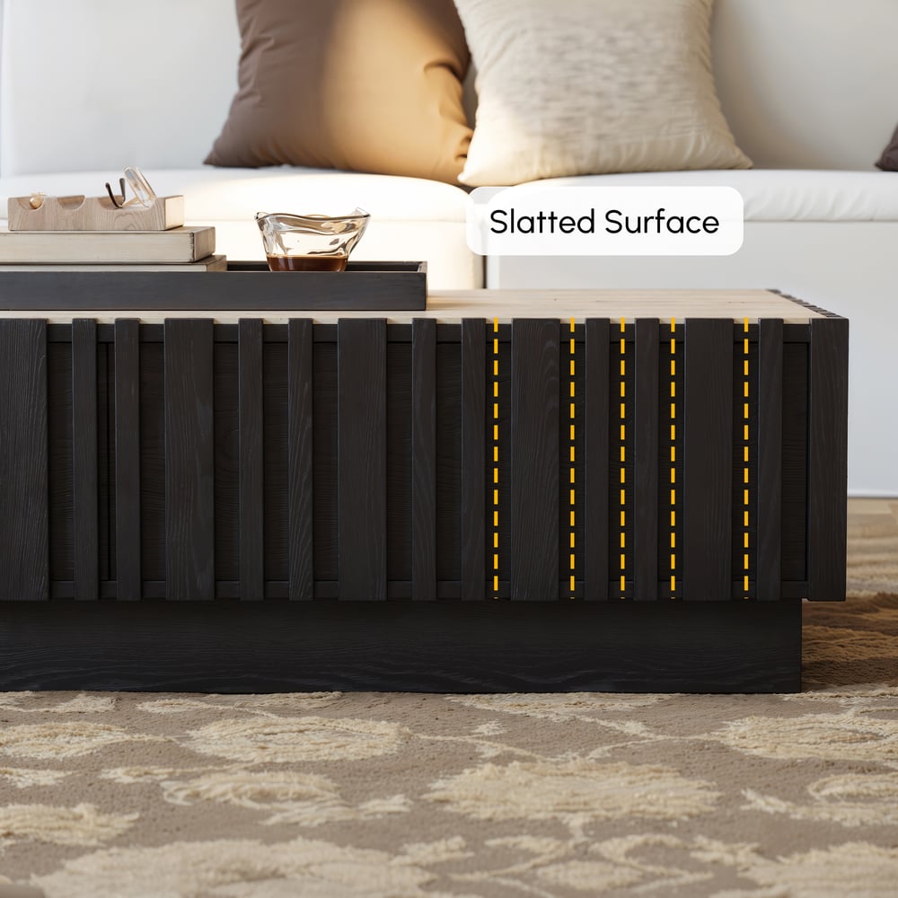 Table basse à lattes Aura 47" en bois de frêne avec plateau en pierre frittée image de fenêtre