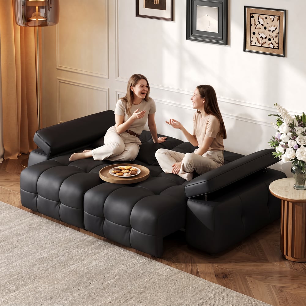96" 2-Seater Genuine Leather Power Convertible Sleeper Sofa with adjustable armrests window image