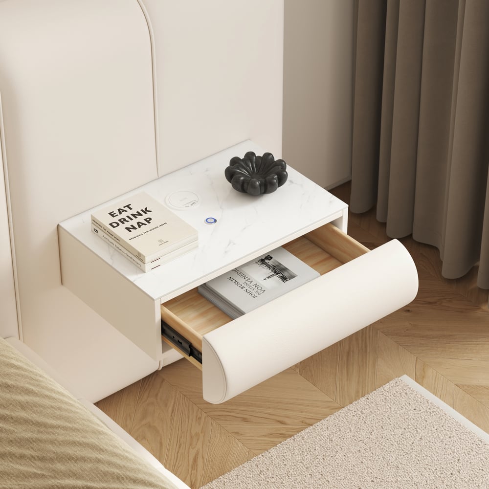 Humply King Size Upholstered Bed with Wide Headboard & Floating Smart Nightstand Set window image