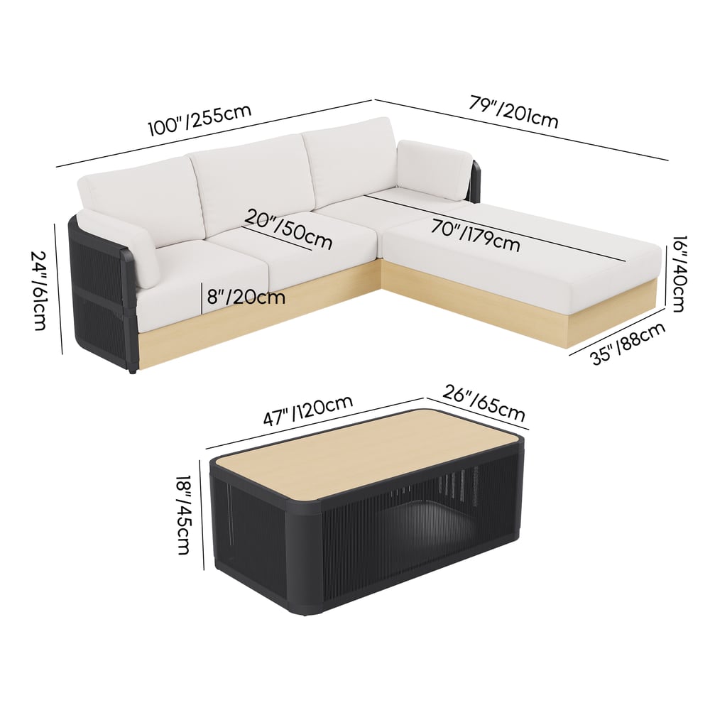 Costra Woven Outdoor Sectional Sofa Set with Adjustable Reclining Chaise and Coffee Table Black weights dimensions image