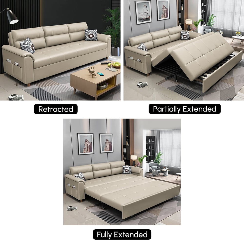 233cm King Faux Leather Pull-out Sleeper Sofa with Storage and Side Pockets window image