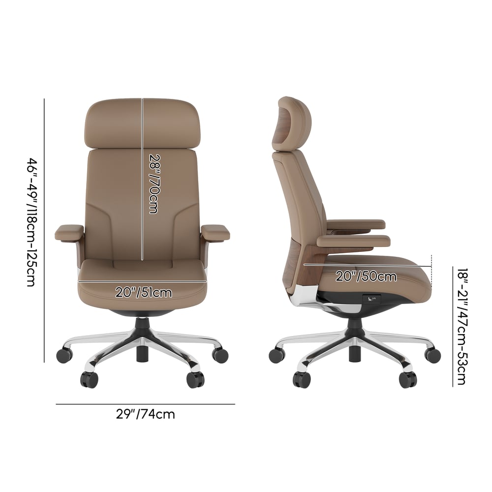 Khaki Genuine Leather Swivel Office Chair with Ergonomic Synchro-Tilt Recline System weights dimensions image