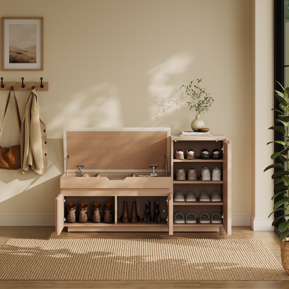 Aura 47” Wooden Shoe Storage Bench with Right-Side Cabinet for Entryway window image