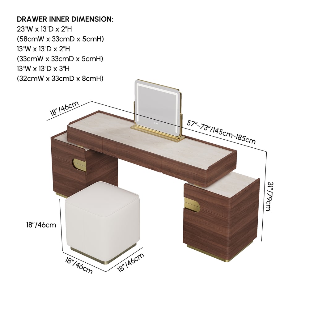 Horva Extendable Walnut Makeup Vanity Set (57"–73") weights dimensions image