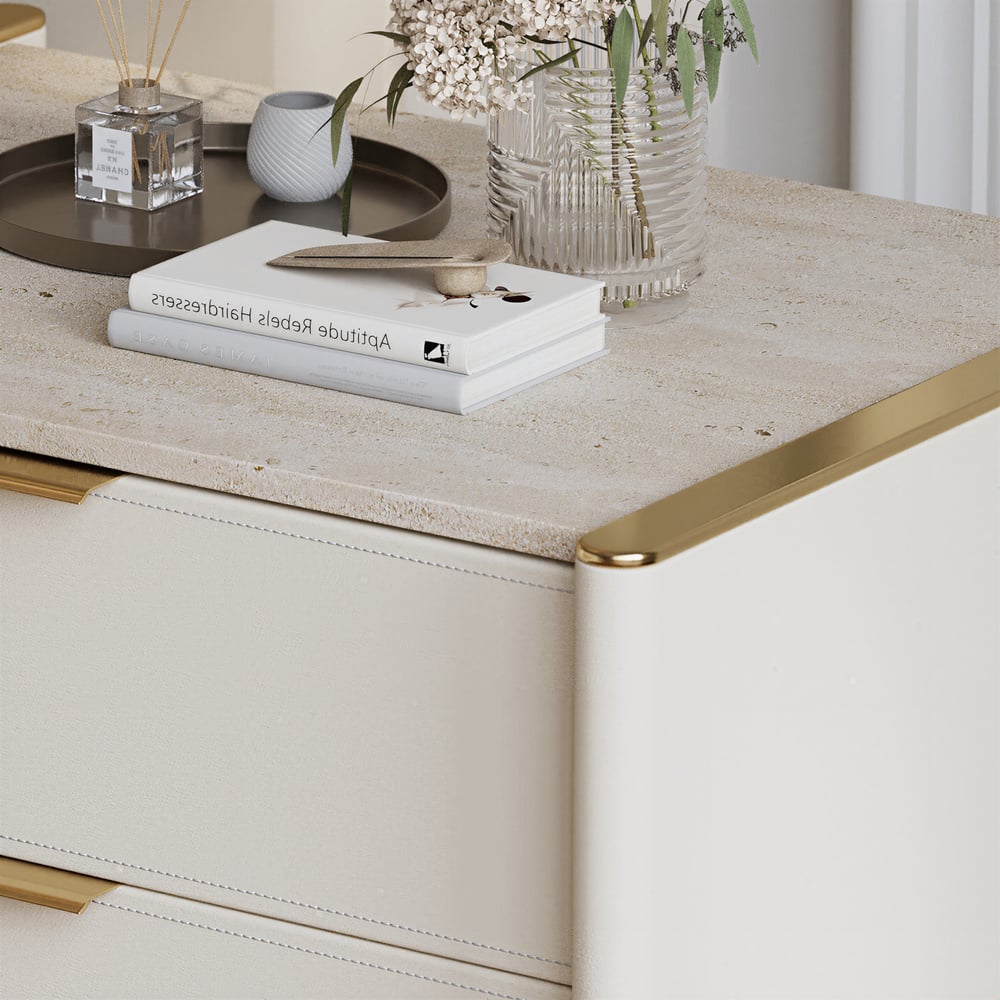 Modern Saddle Leather 2-Drawer Nightstand with Faux Travertine Stone Top window image