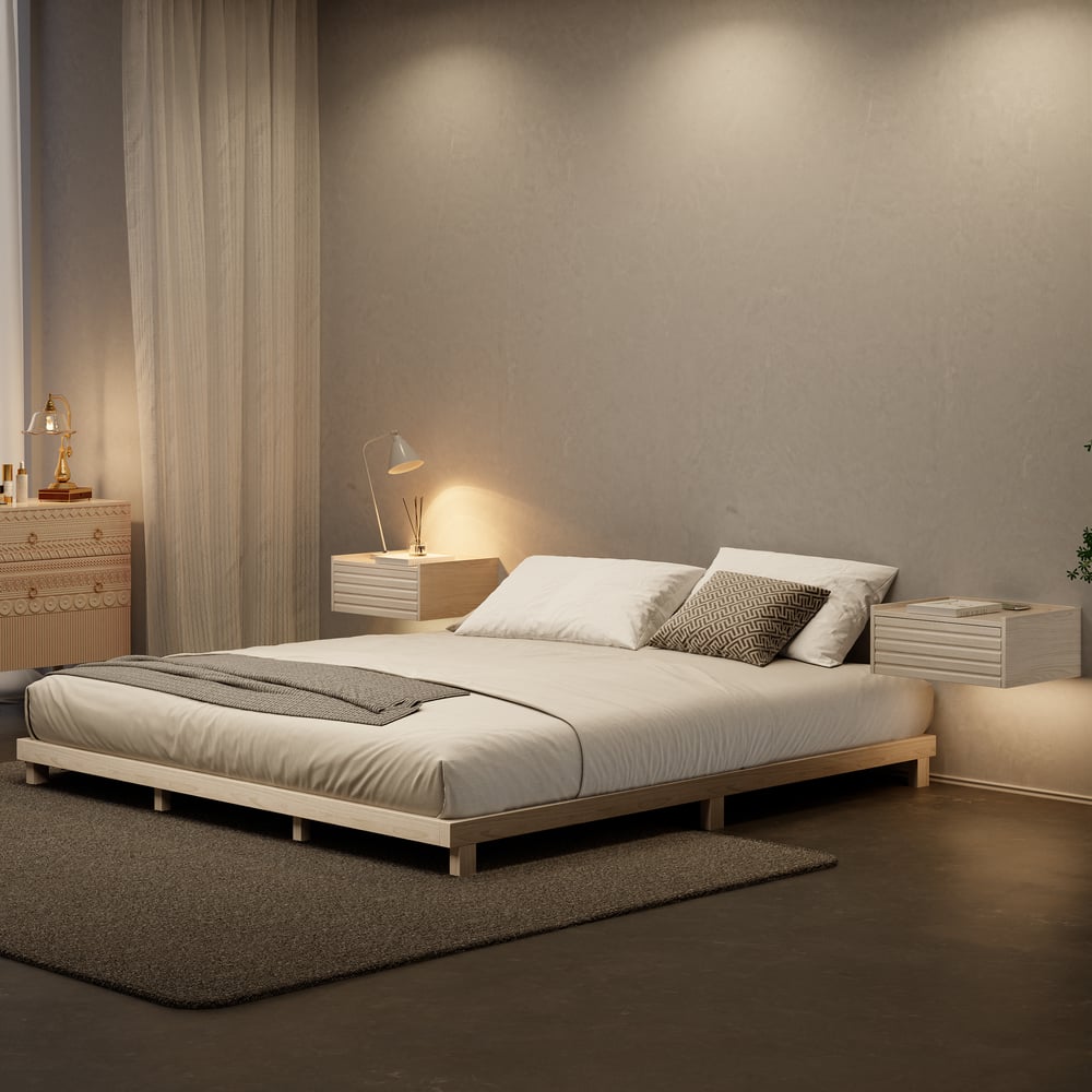 Japanese Style Queen Floor Wood Bed in Whitewash window image