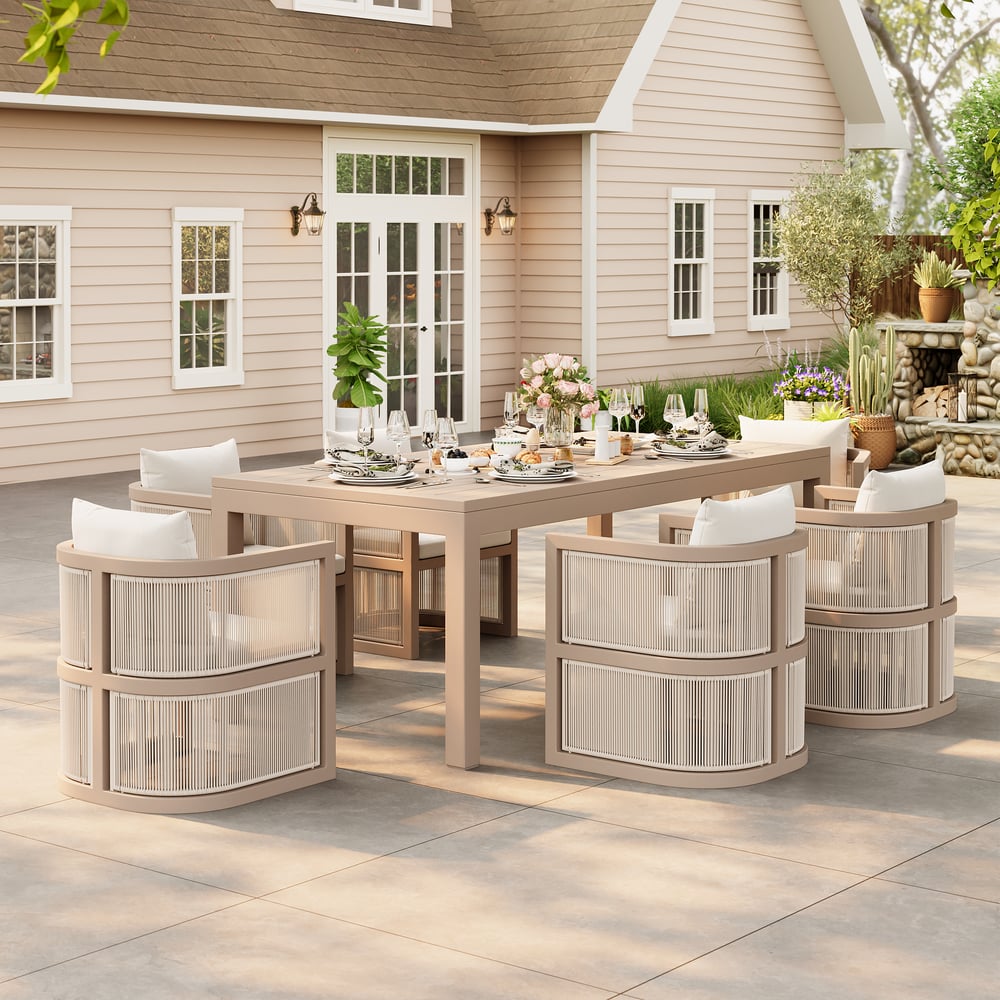 Wevara 78" Sand-Finished Aluminum Slatted Outdoor Dining Table in Sand window image