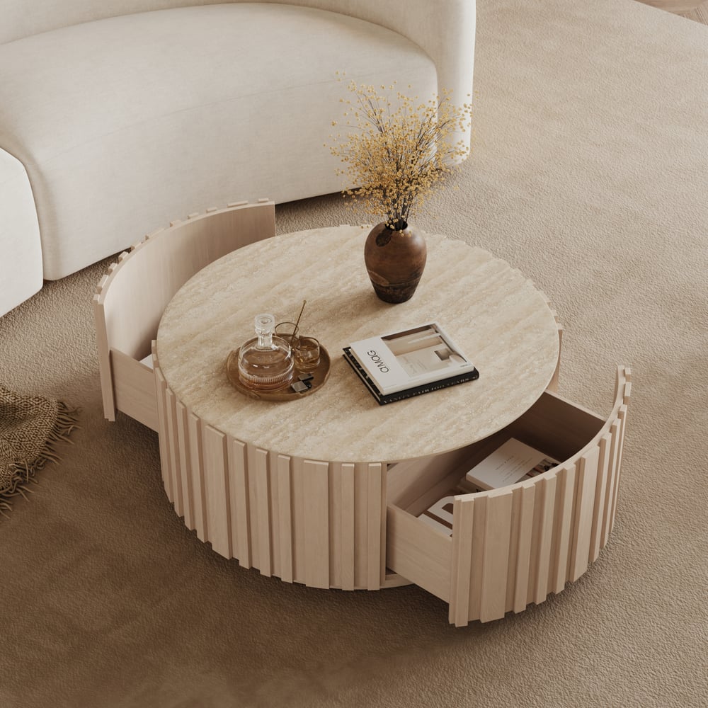 Aura 35" Round Washed White Slatted Sintered Stone Coffee Table with 2 Drawers window image