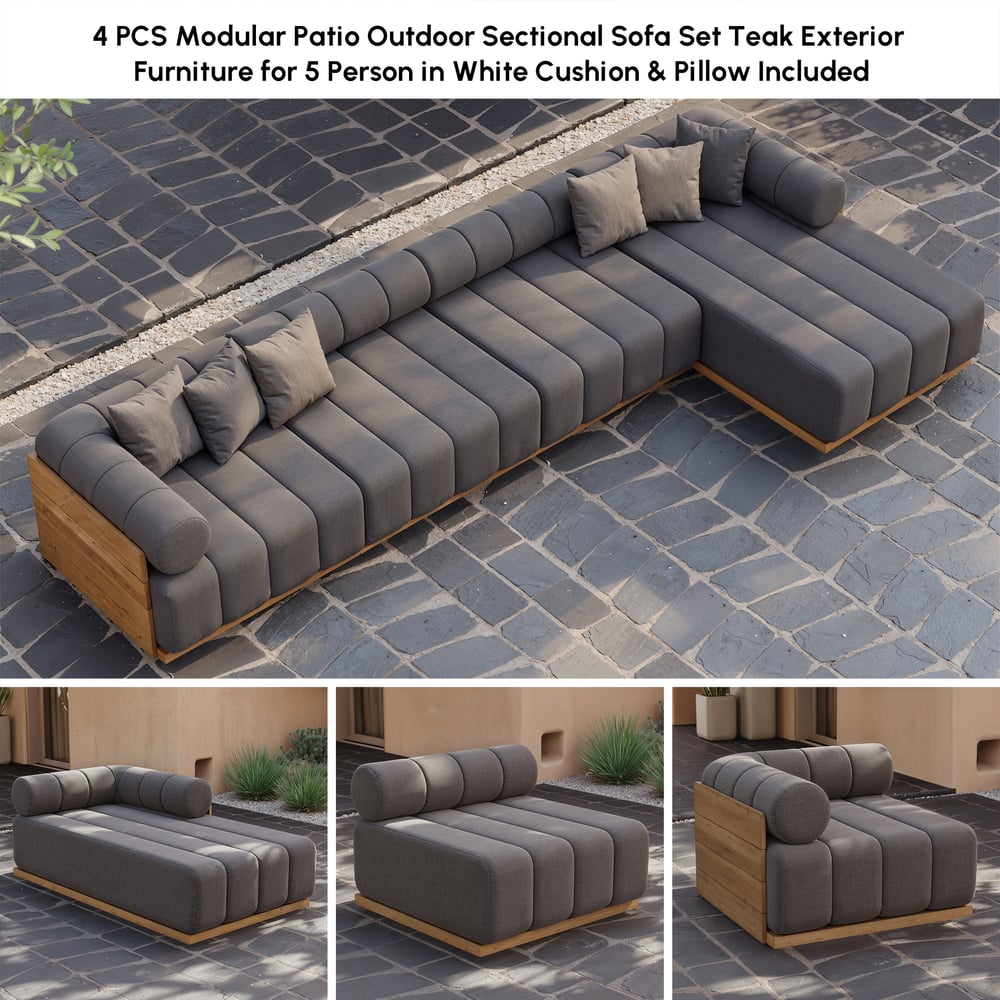 Ensemble de canapé modulaire d'extérieur 7 pièces Resaro en teck naturel avec dossier cannelé gris foncé image de fenêtre