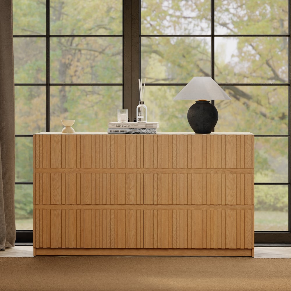 Aura 59" Natural Sintered Stone 6-Drawer Dresser with Lighting window image