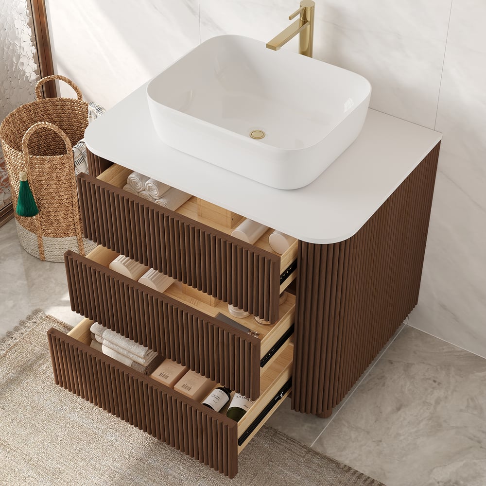 80cm Fluted Freestanding Bathroom Vanity with Vessel Sink, 3-Drawers, Sintered Stone top window image