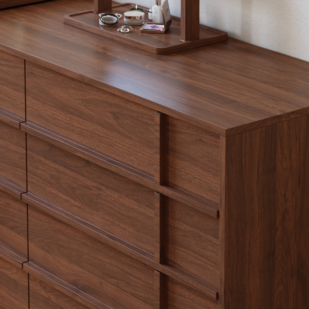 Panvyr Wooden Extendable L-Shaped Makeup Vanity Dresser with Vanity Mirror (49"–94") window image