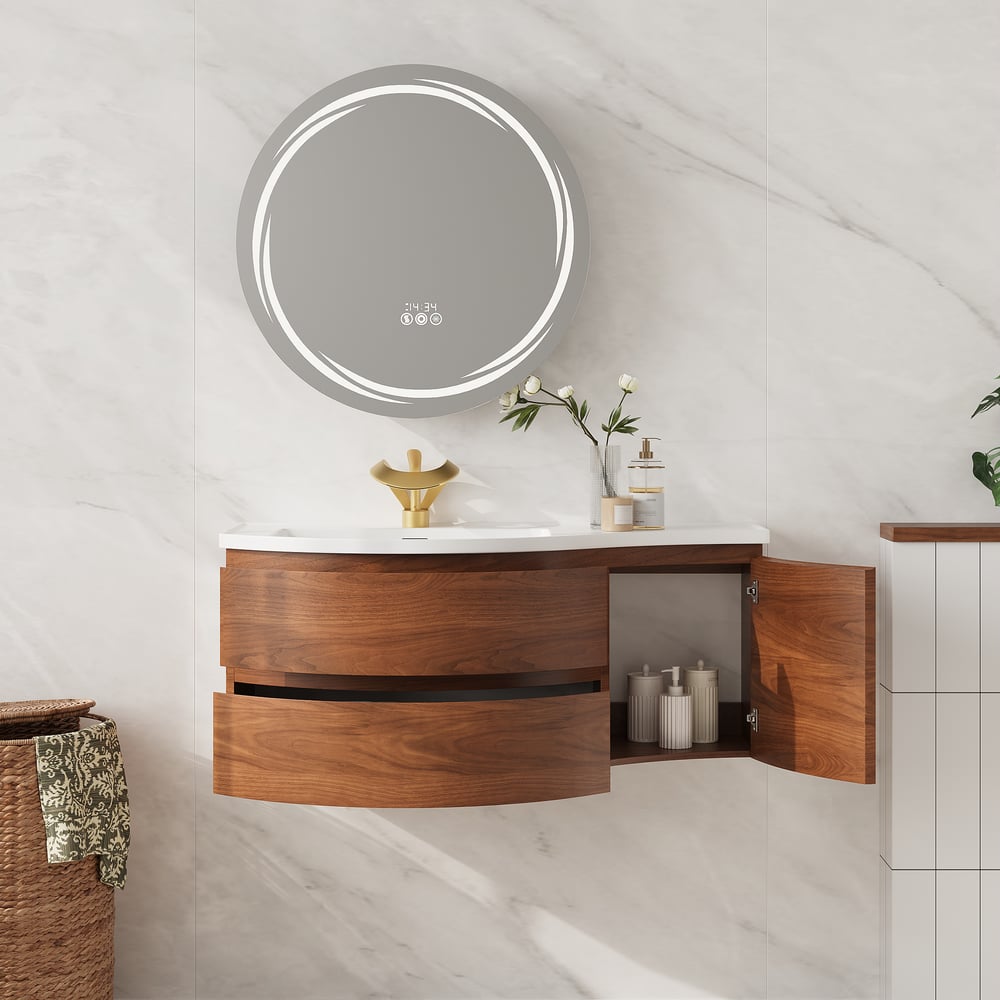 Floating Curved Bathroom Vanity in Walnut Left Offset & Round LED Medicine Cabinet Set window image