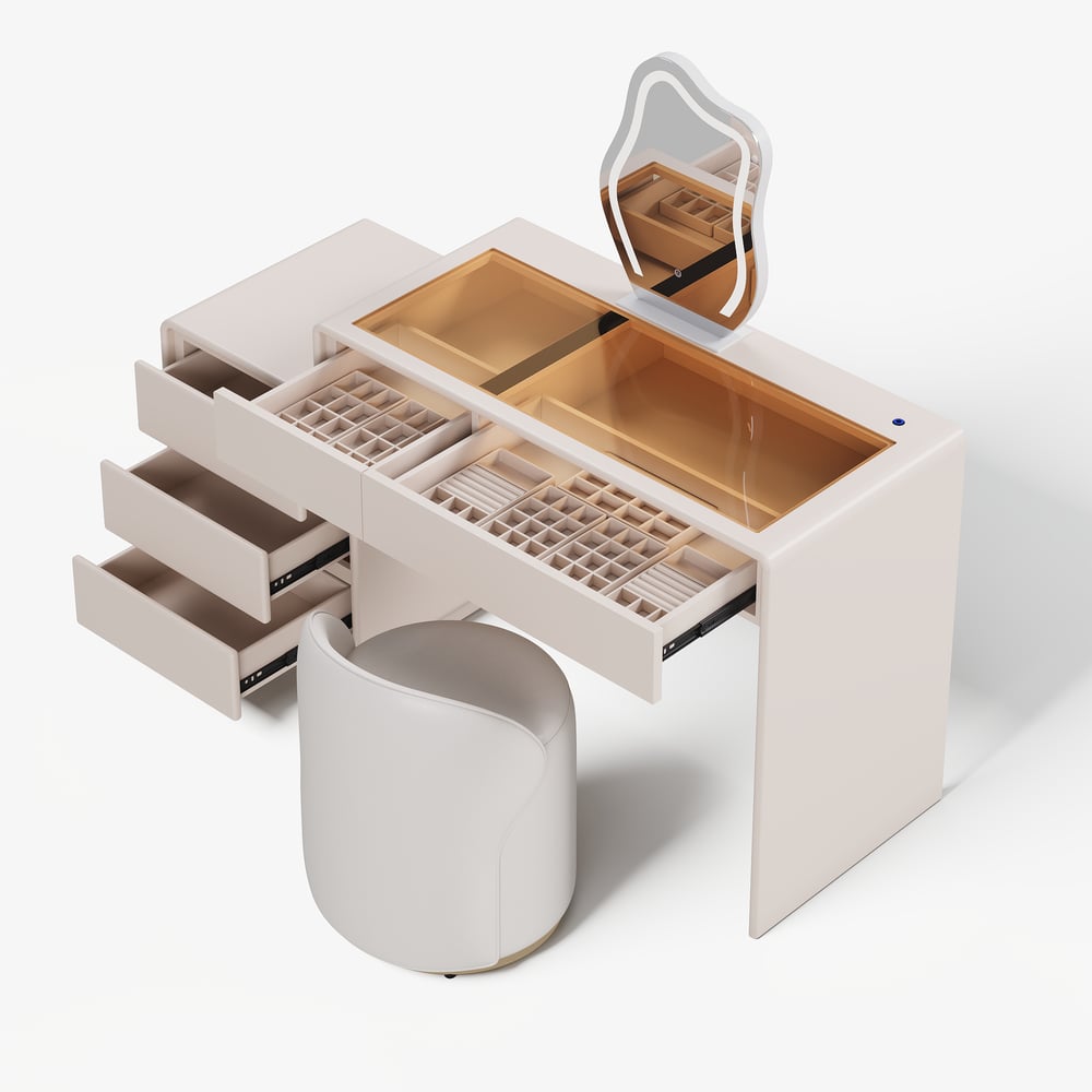 Modern Matte Warm White Makeup Vanity Set with LED Mirror and Jewelry Storage  (40"-57") window image