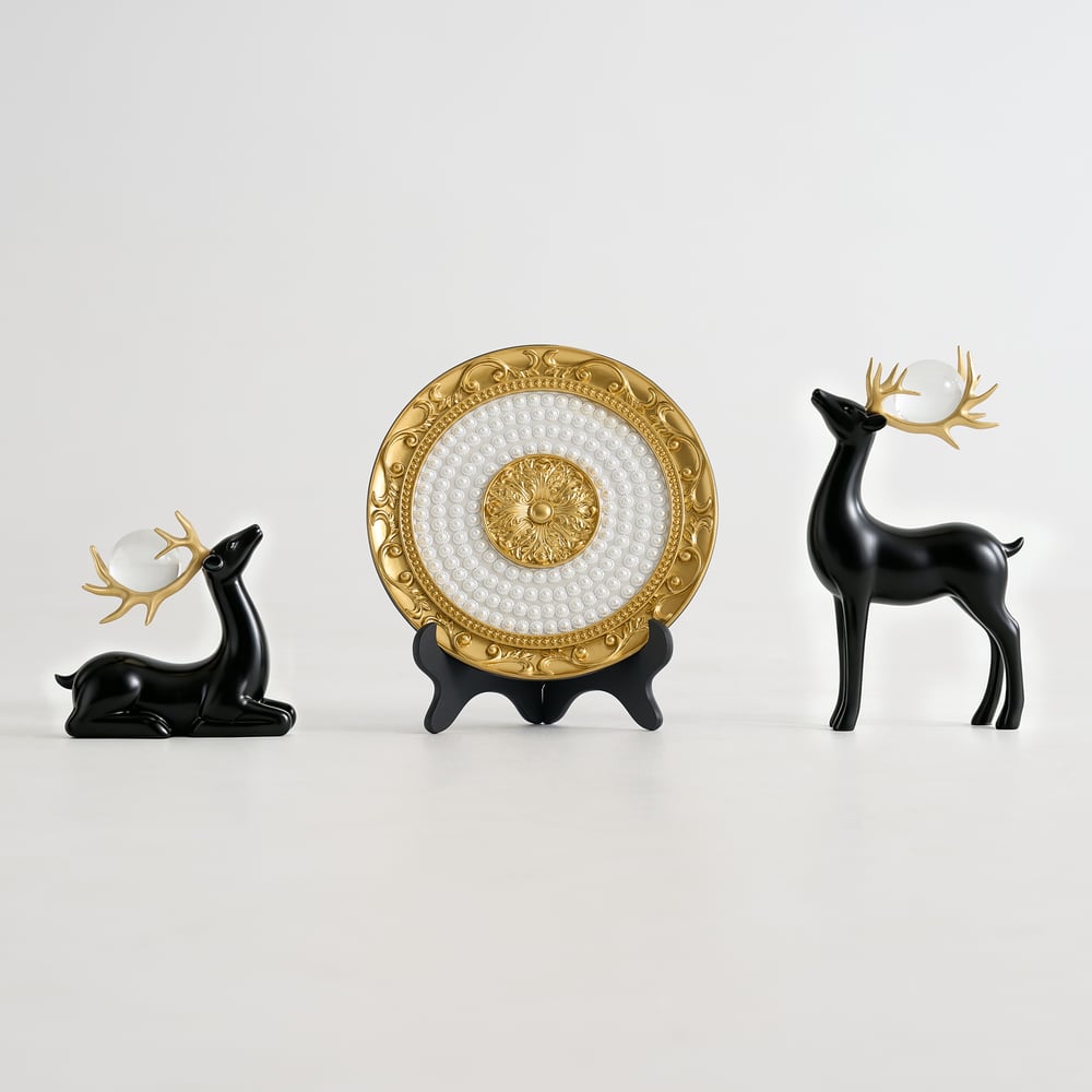 3PCS Black Deer Figurine with Decorative Plate Set Luxury Resin Animal Sculptures window image